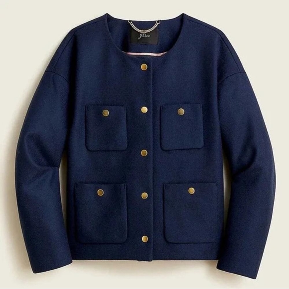 NWOT J. CREW Relaxed Lady Jacket Double Serge Navy Blue, Collarless Wool